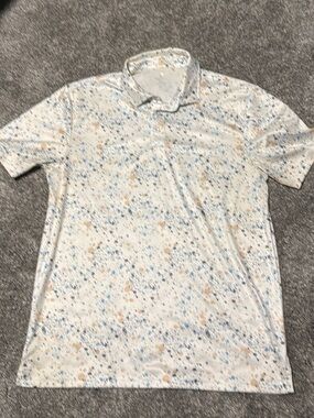 Men's Short Sleeve Golf Polo Shirt in White with Blue & Tan Speckle Print Large